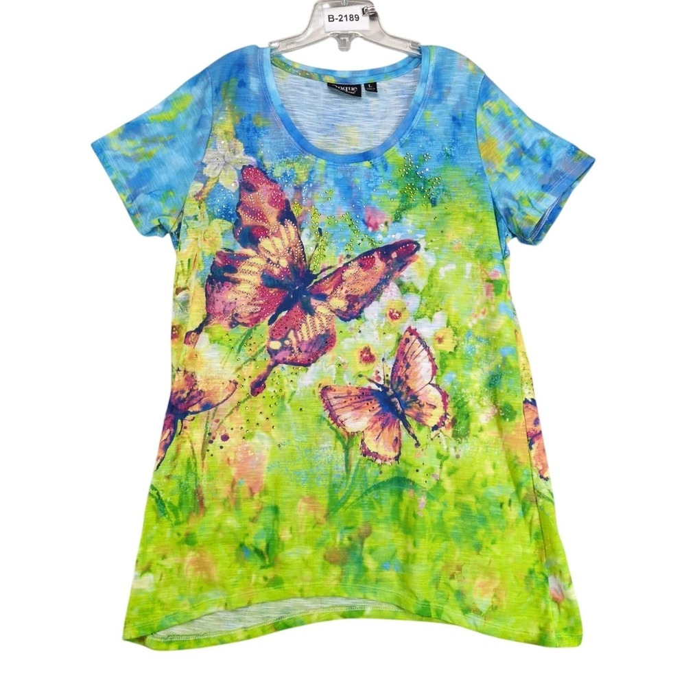 Onque Casual Watercolor Rhinestone Butterfly T-Shirt Womens L Fairy Y2K Festival
